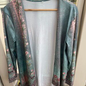Women's Size Medium Beautiful Green/Pink Printed Open Cardigan - Like New!